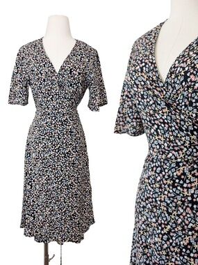 b. young Floral Wrap Dress Midi V-neck Size Medium Black Summer